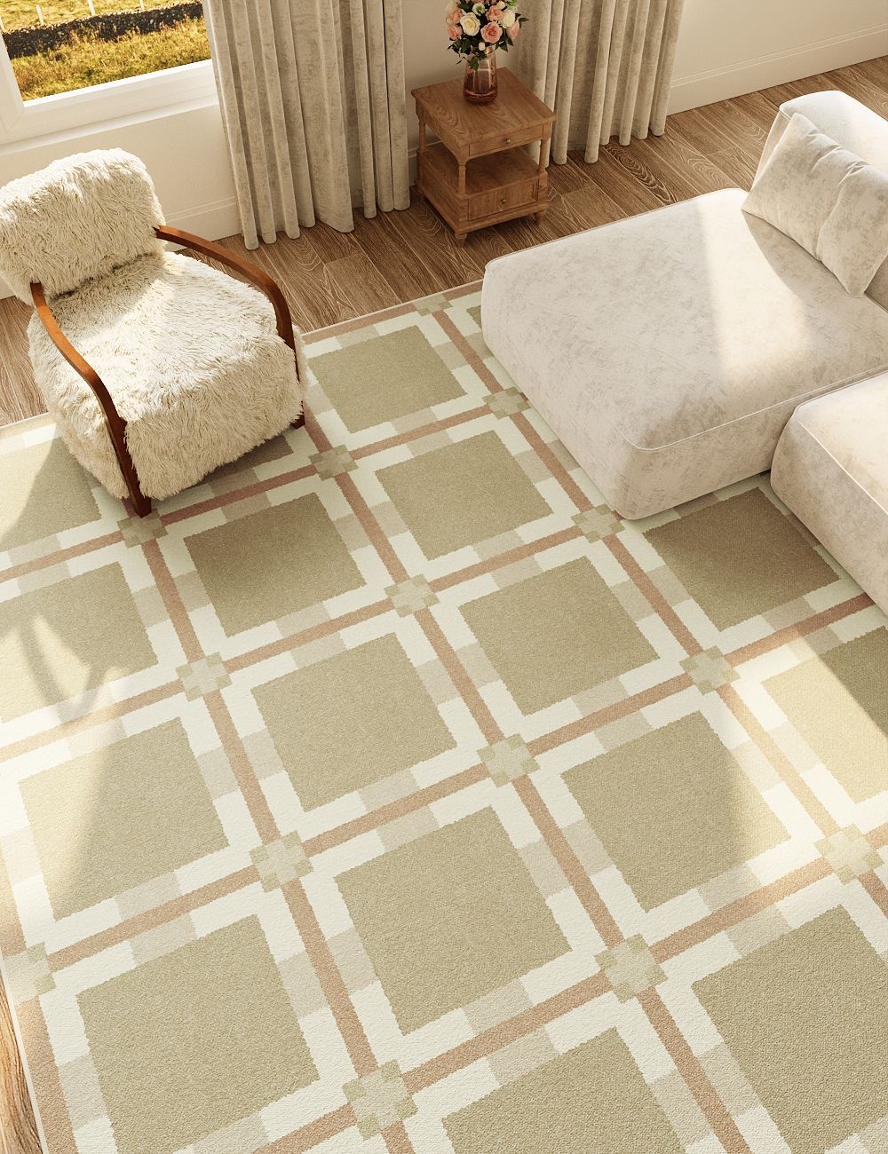 Digital Plaid Green Beige Washable Rug