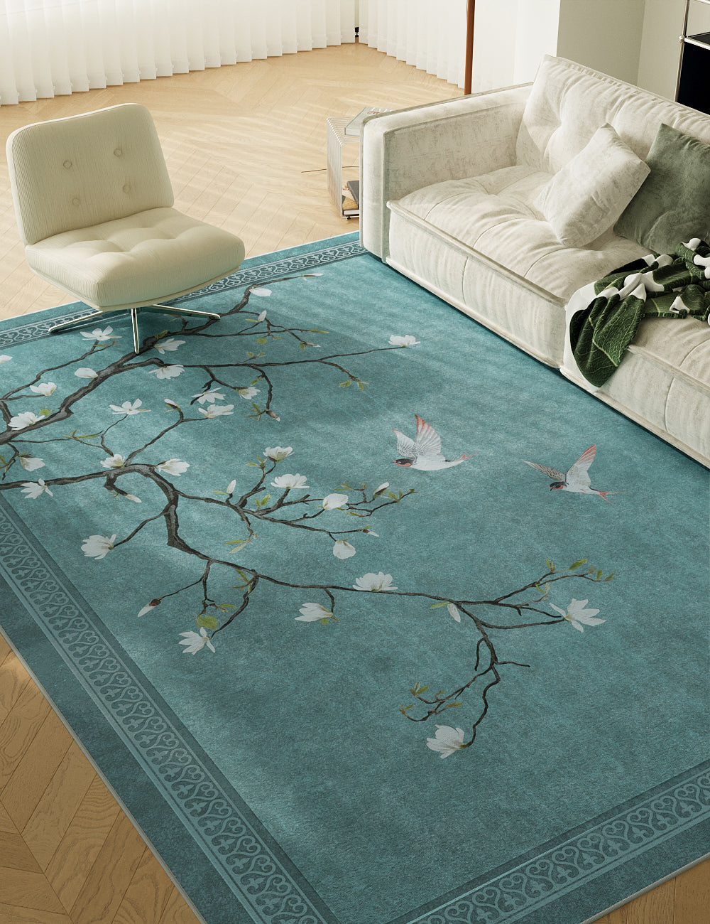 Noble Blossom Quiet Teal Washable Rug