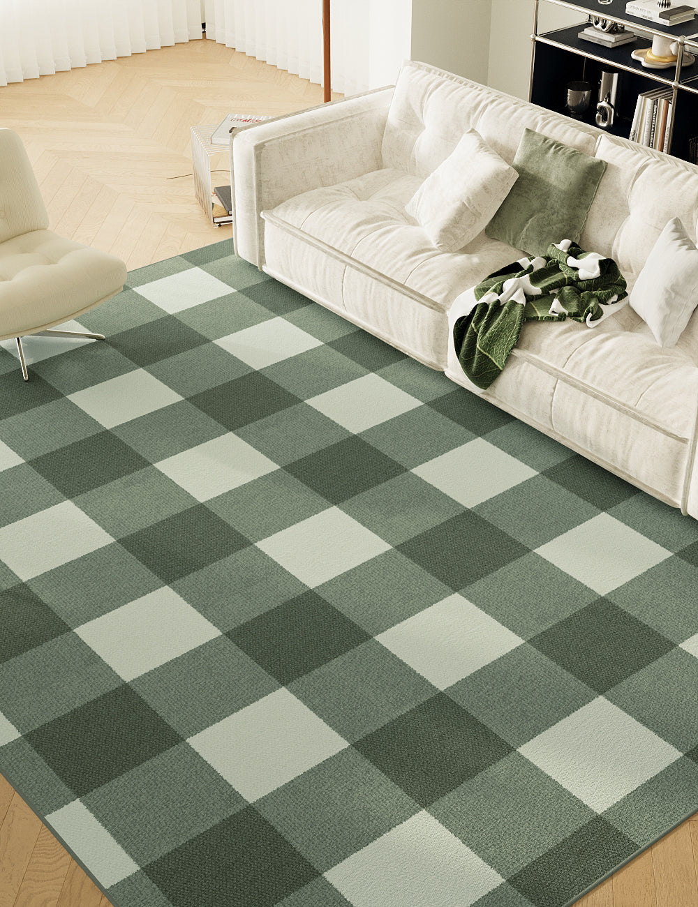 Retro Grid Green Washable Rug