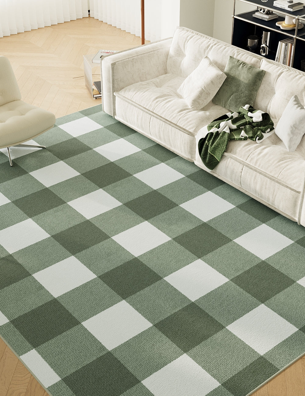 Retro Grid Green Washable Rug