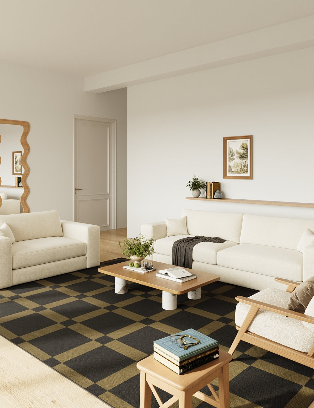 Vintage Checkerboard Espresso Black Washable Rug