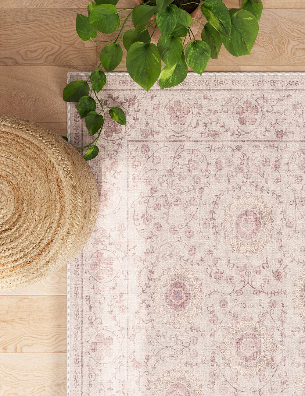 Briar Garden Vintage Soft Pink Washable Rug