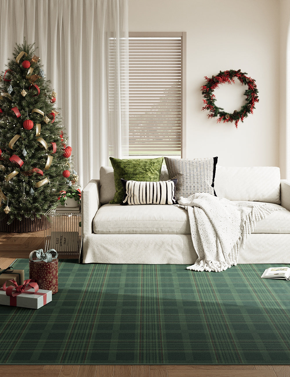 Classic Plaid Olive Green Washable Rug