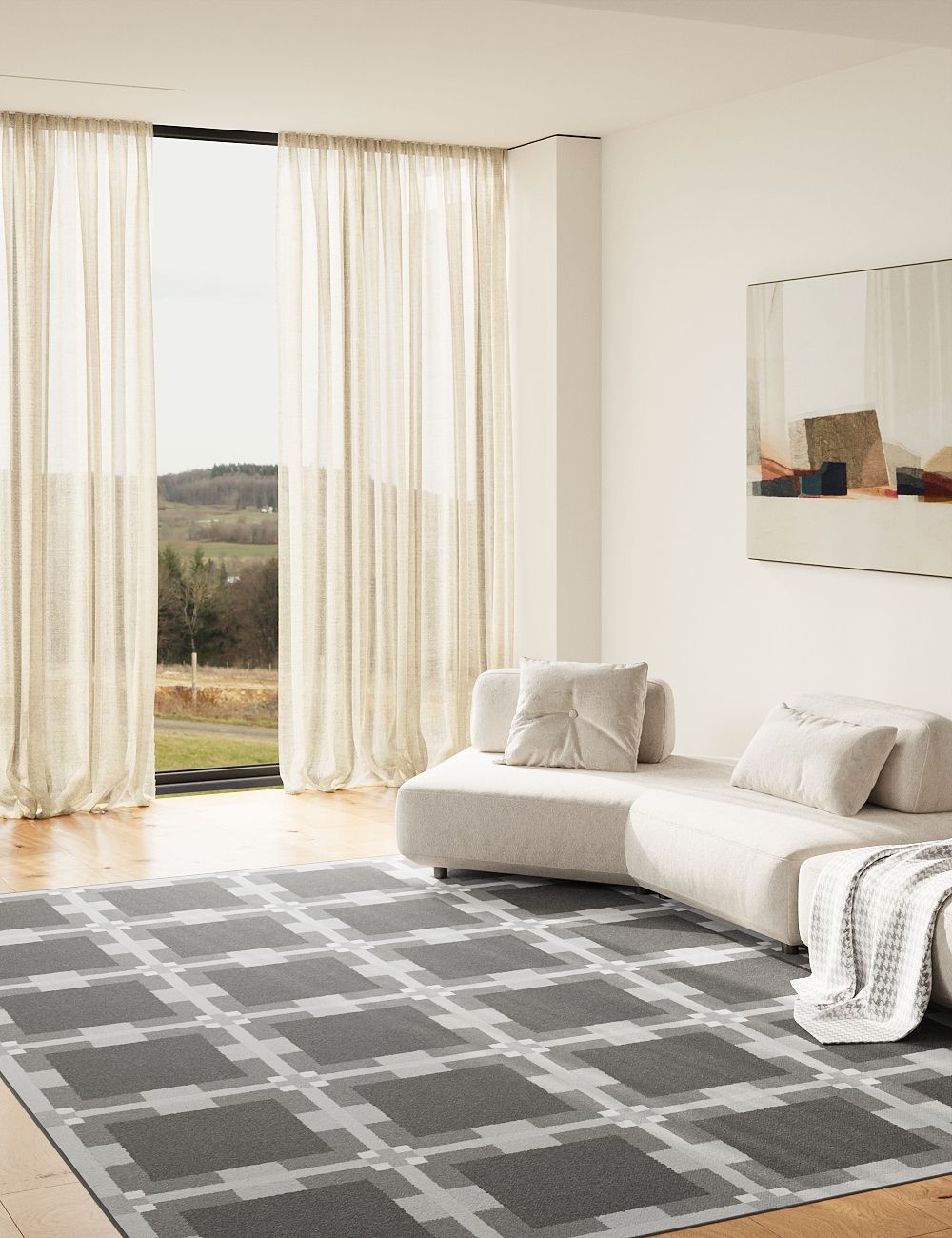 Digital Plaid Ash Grey Washable Rug