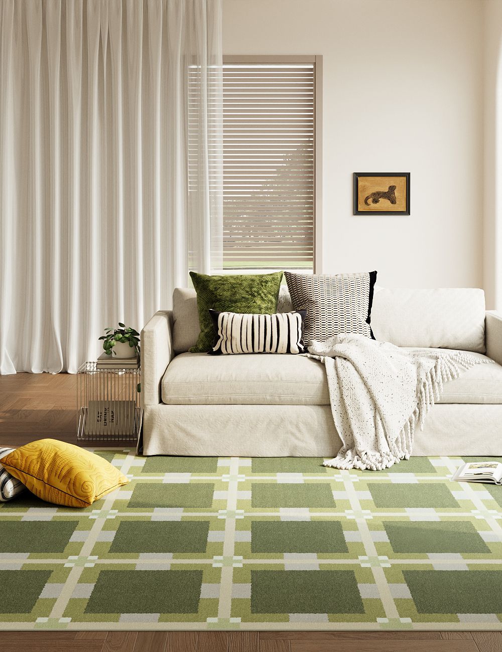 Digital Plaid Moss Green Washable Rug