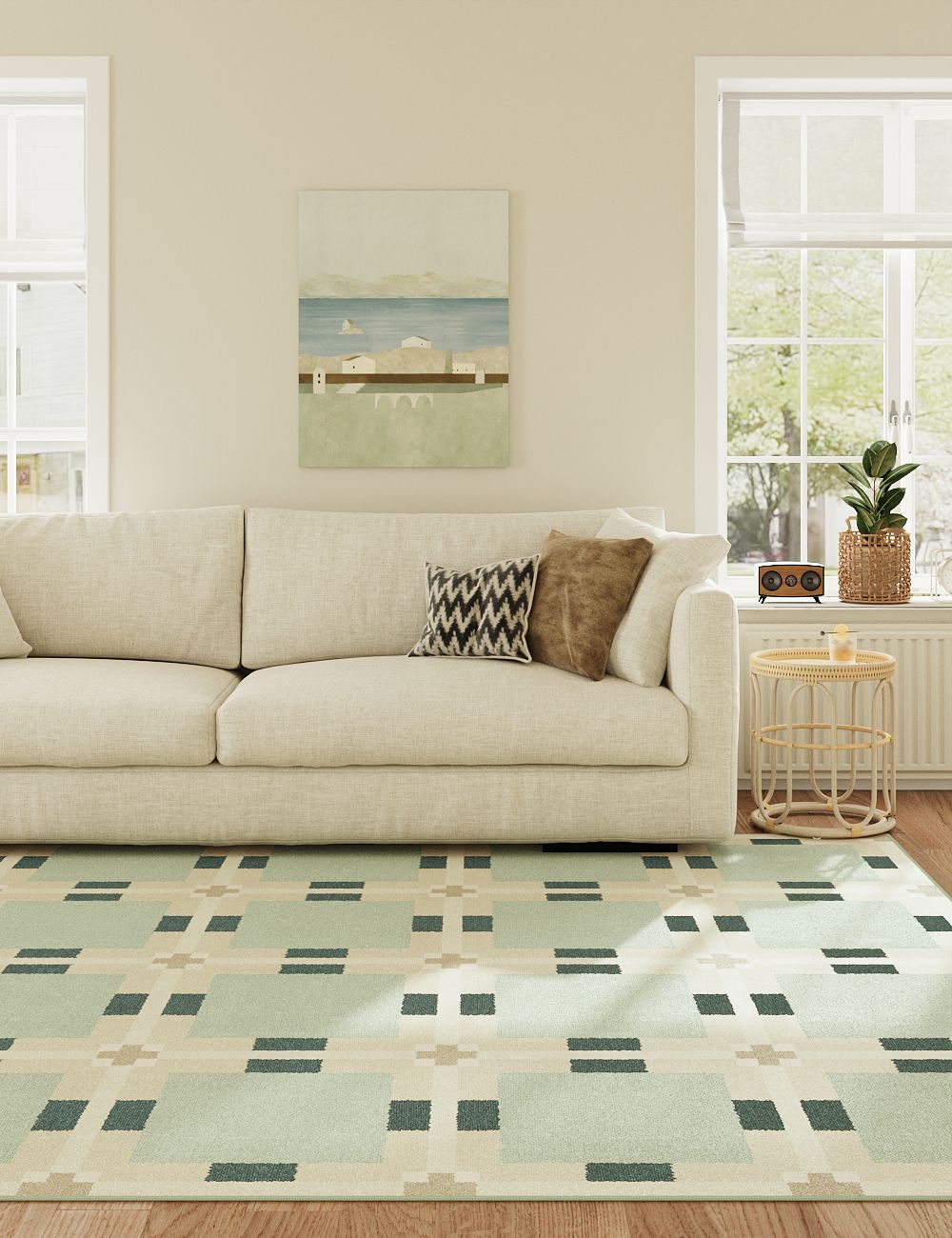 Digital Plaid Seafoam Green Washable Rug