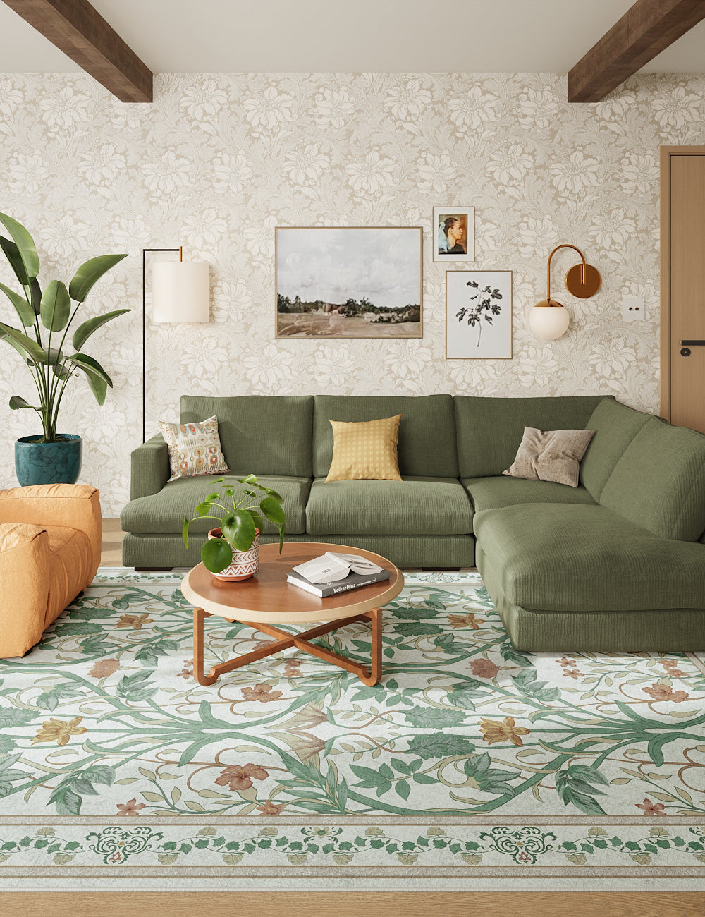 Garden Muse Ivory Green Washable Rug