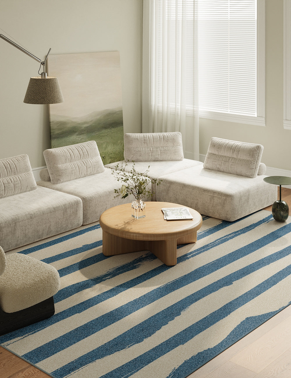 Ink Brush Mist Blue Washable Rug