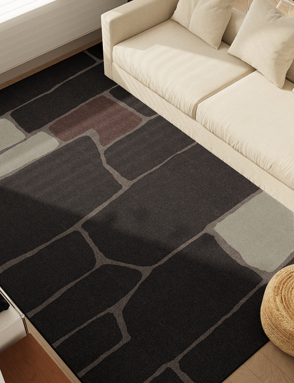 Irregular Blocks Burnt Charcoal Washable Rug