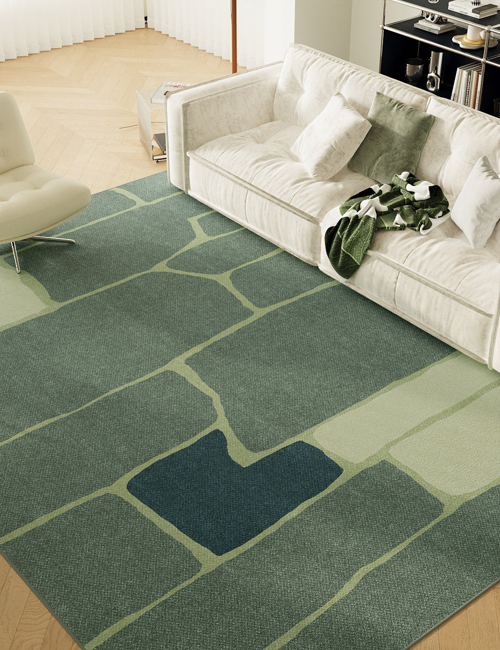 Irregular Blocks Forest Teal Washable Rug