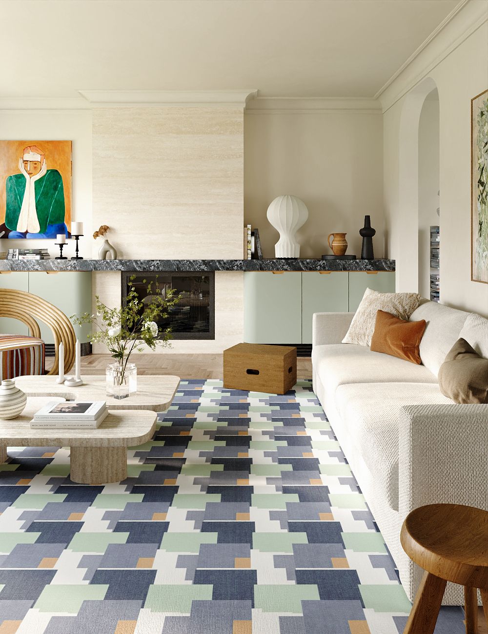 Meadow Mosaic Pastel Blue Washable Rug