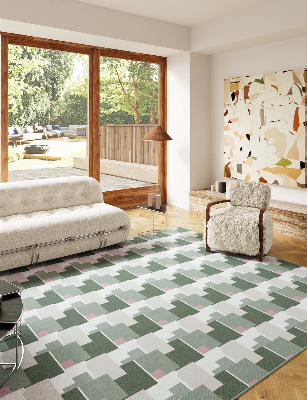 Meadow Mosaic Pine Green Washable Rug
