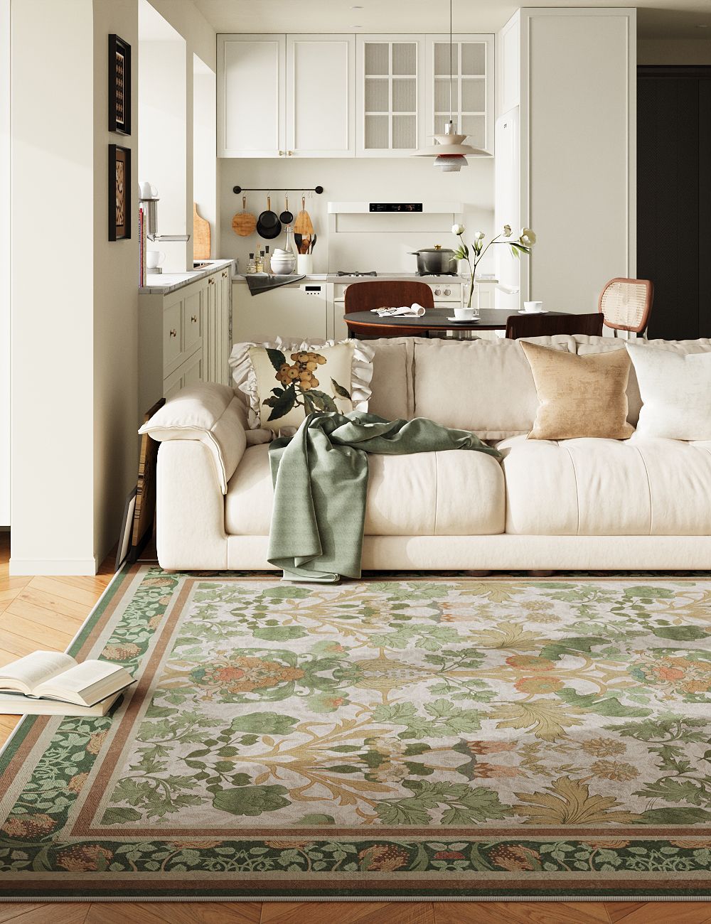 Morning Garden Green Khaki Washable Rug