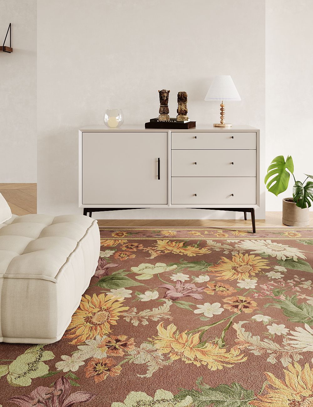 Romantic Blooms Mocha Taupe Washable Rug