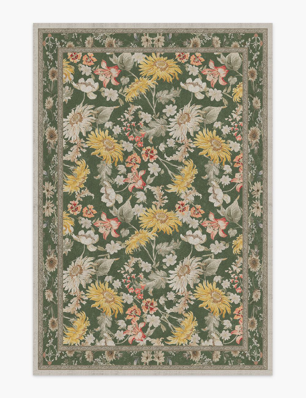 Romantic Blooms Moss Green Washable Rug