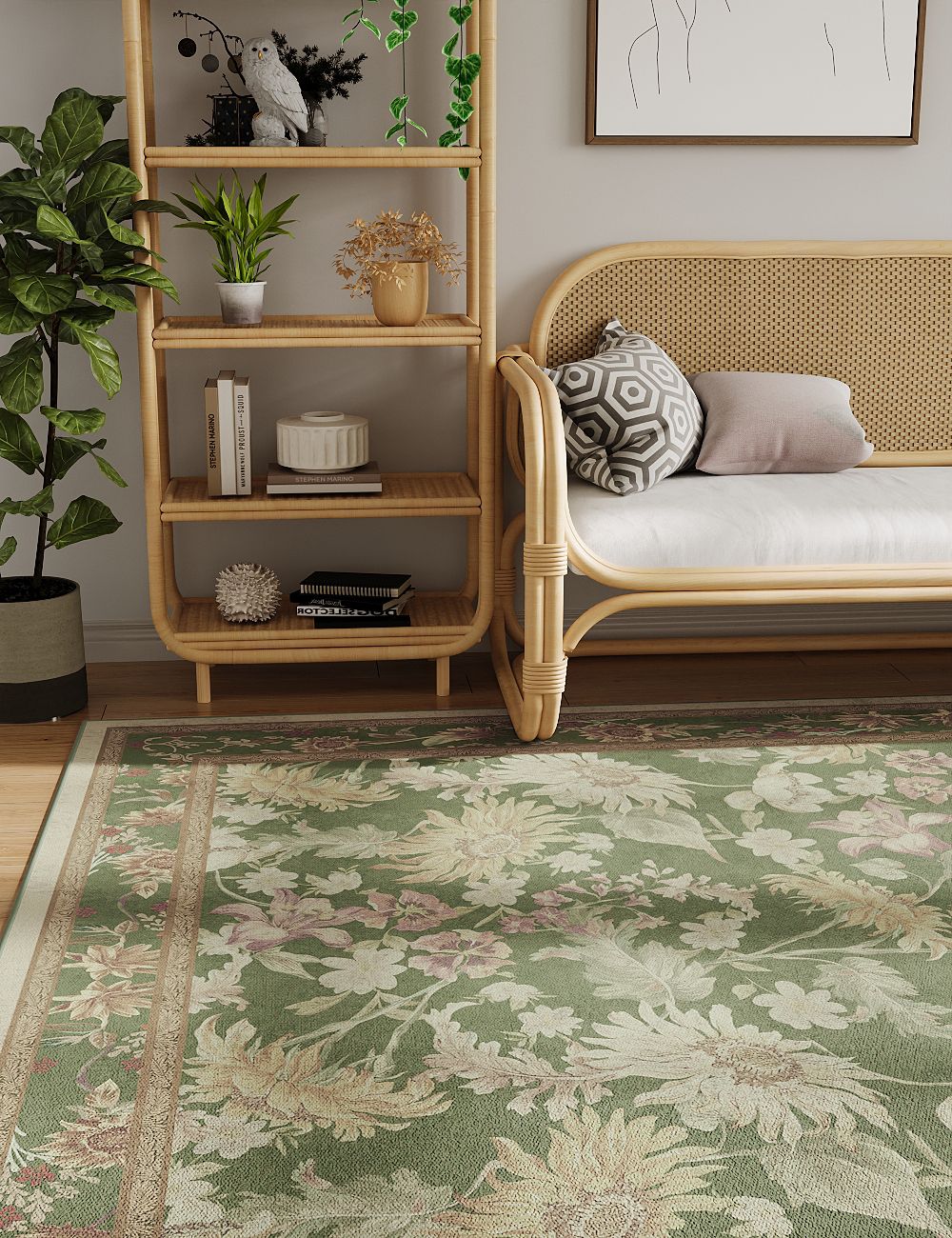 Romantic Blooms Olive Green Washable Rug