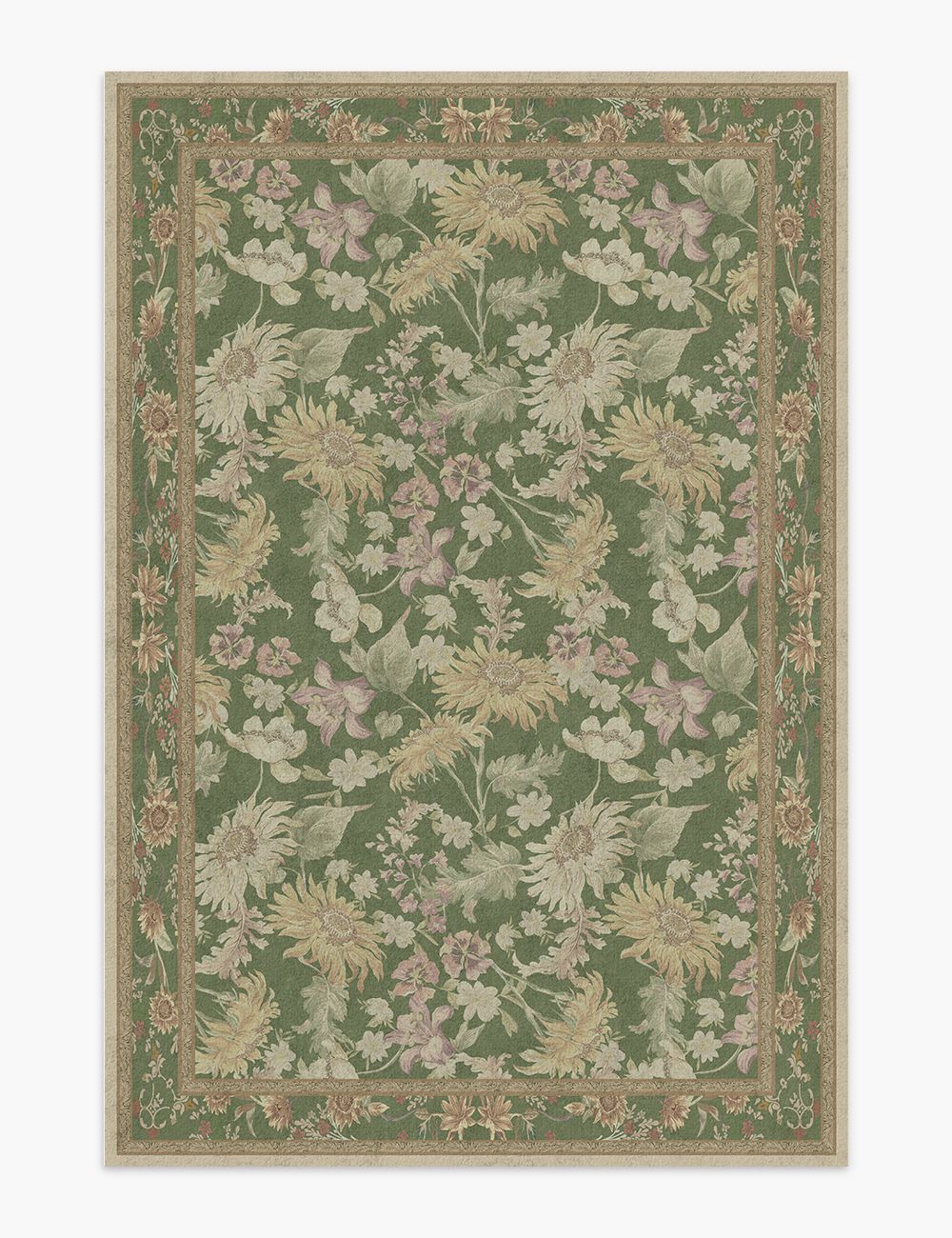 Romantic Blooms Olive Green Washable Rug