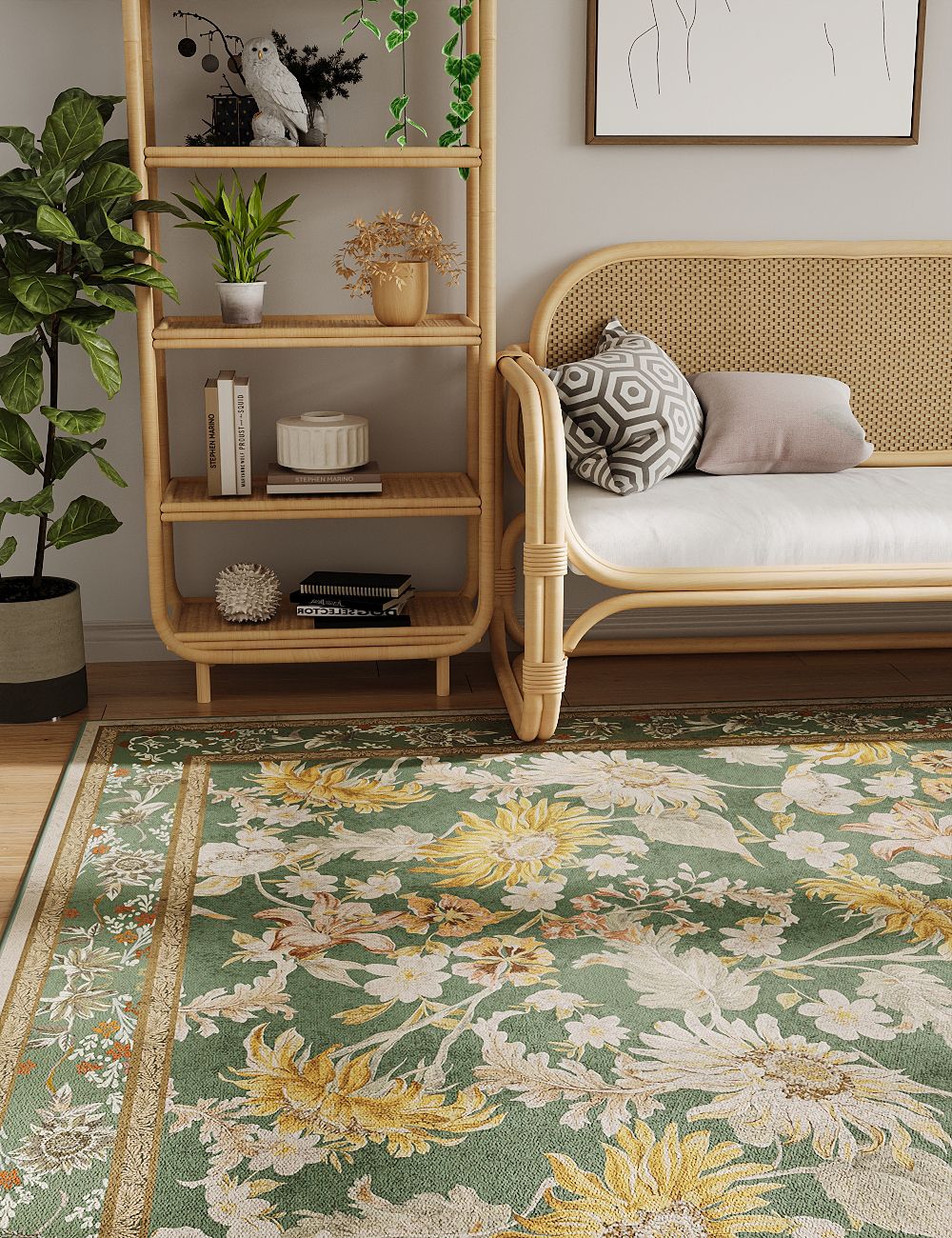 Romantic Blooms Pistachio Green Washable Rug