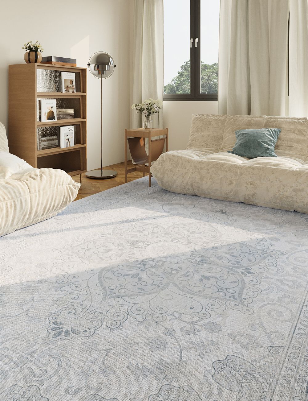 Sacred Bloom Mist Blue Washable Rug