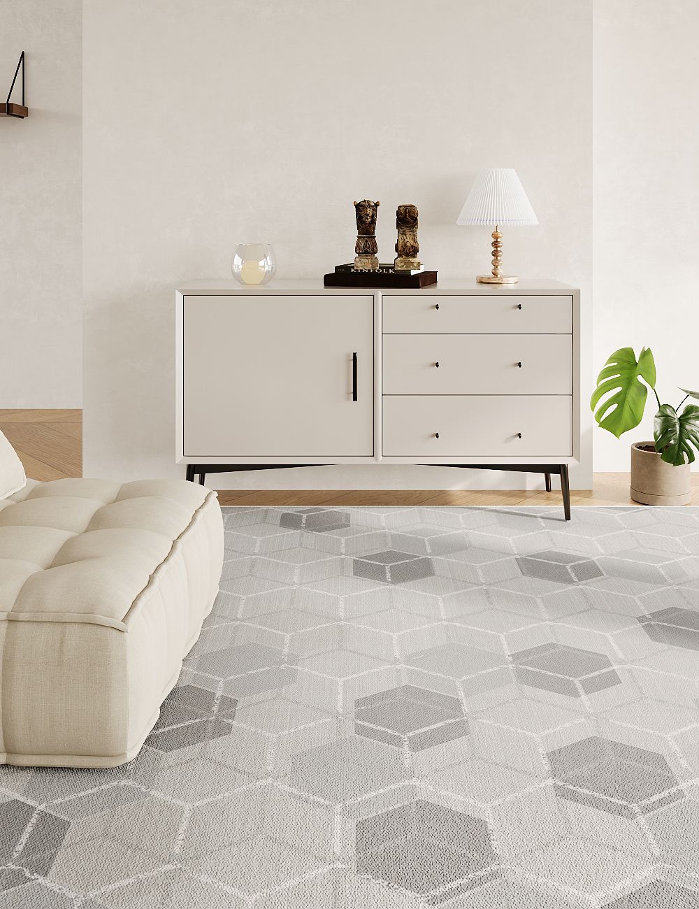 Vague Honeycomb Soft Grey Washable Rug