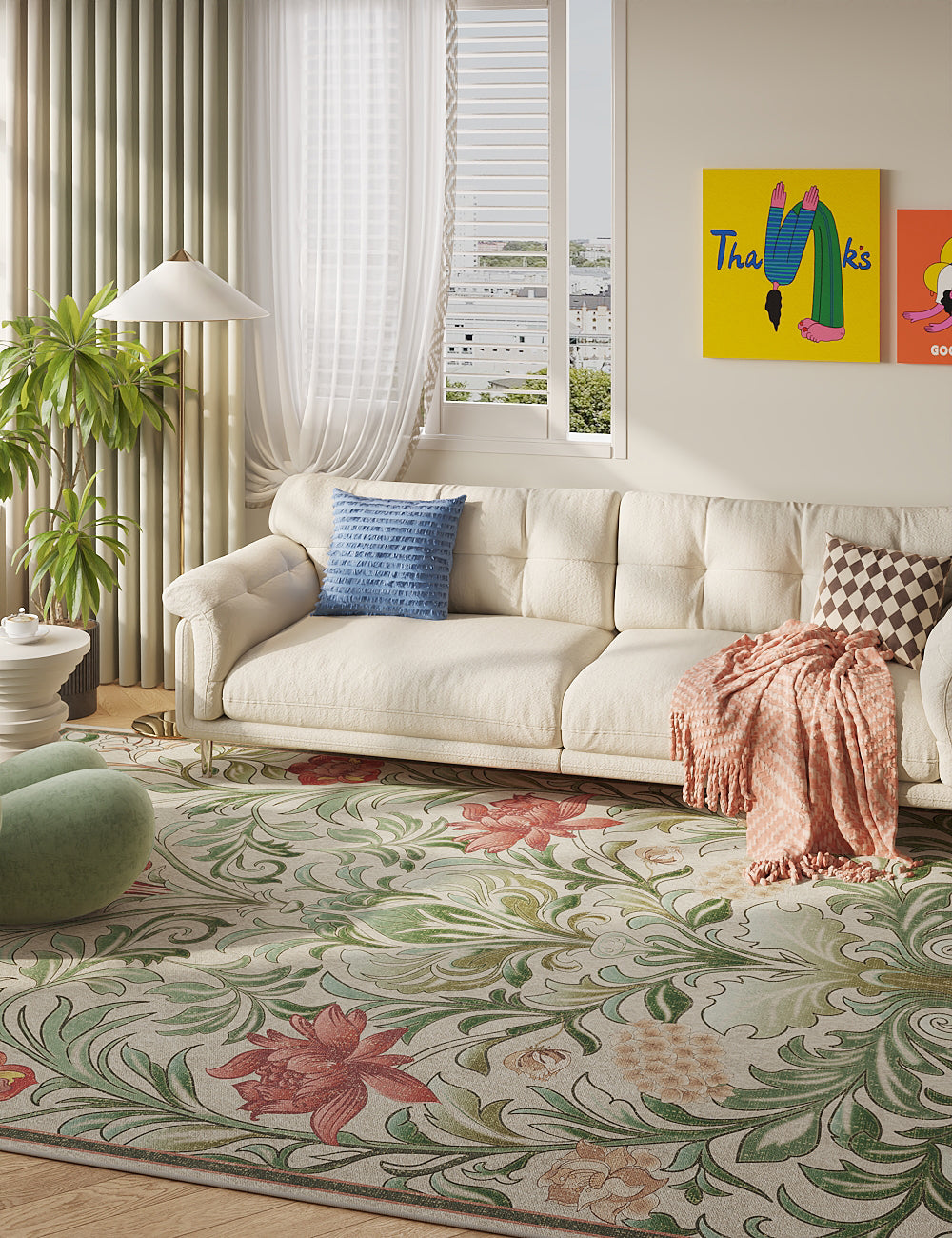 Verdant Tapestry Botanical Green Washable Rug