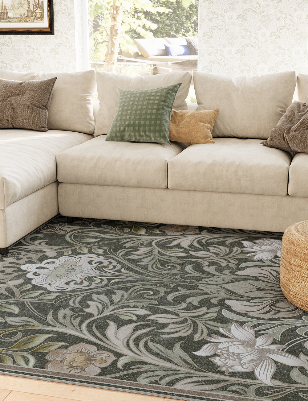 Verdant Tapestry Shadow Grey Washable Rug