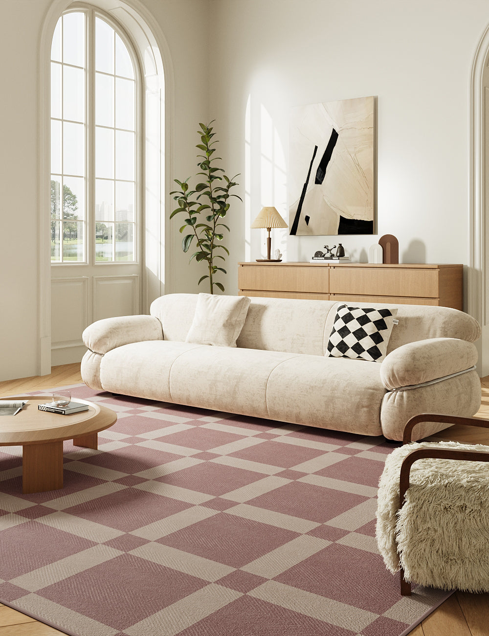 Vintage Checkerboard Dusty Rose Washable Rug