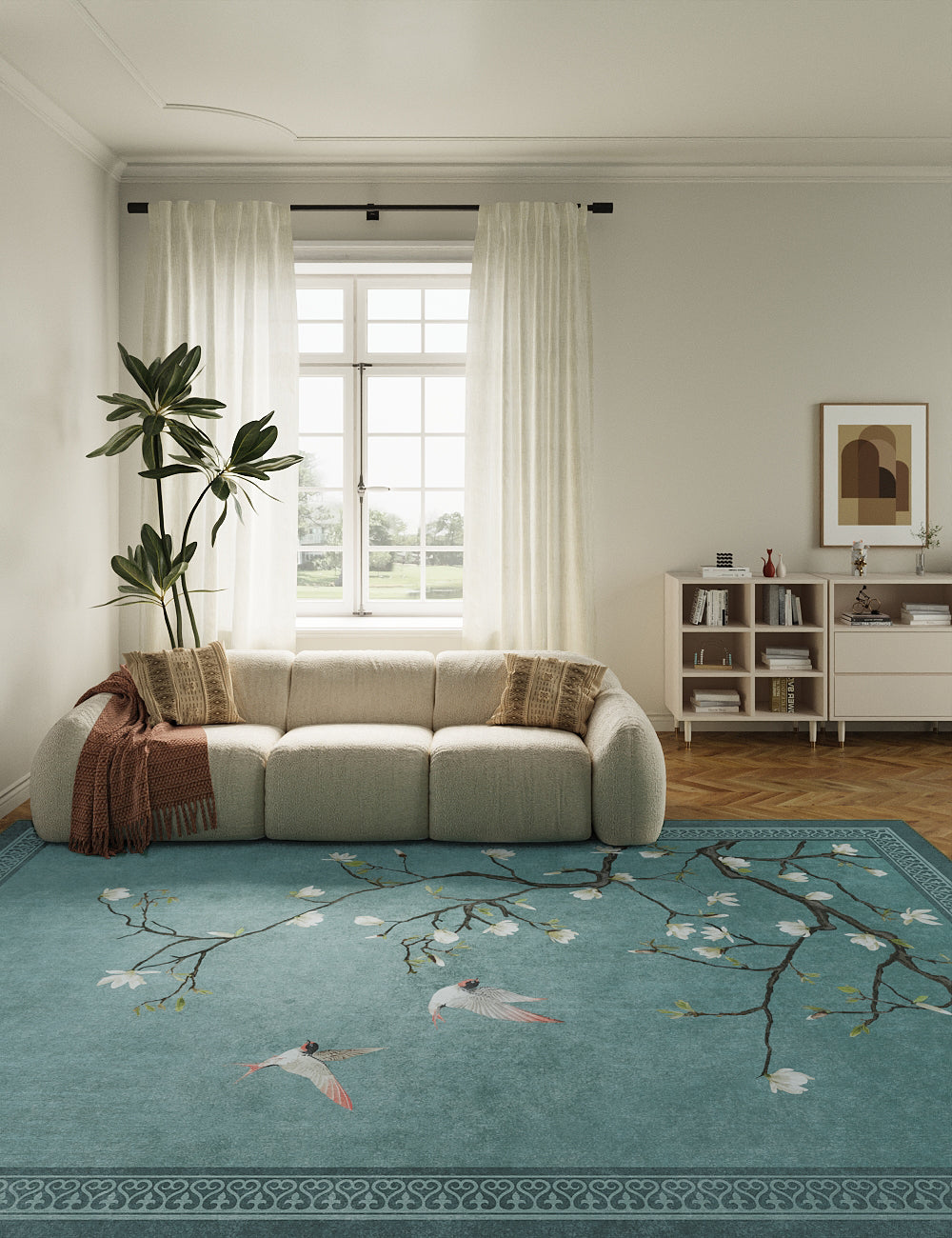 Noble Blossom Quiet Teal Washable Rug