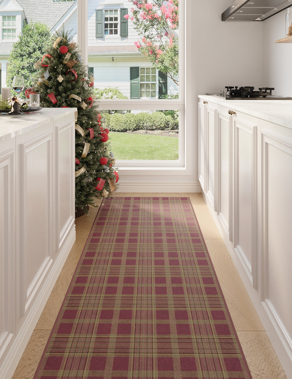 Classic Plaid Firewood Burgundy Washable Rug
